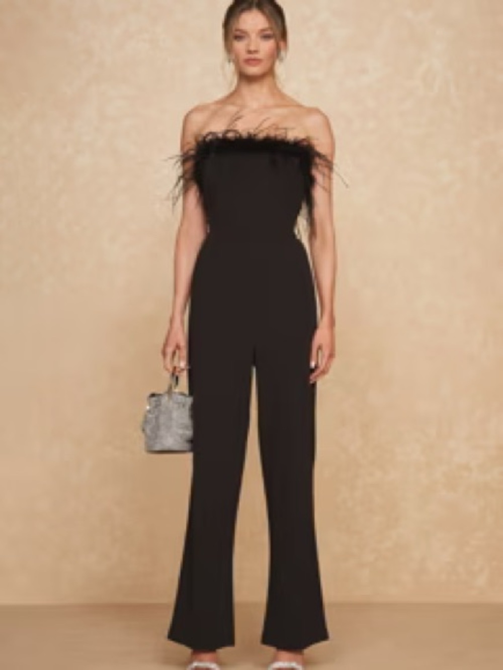 Noli Strapless Black Feather-Trim Jumpsuit